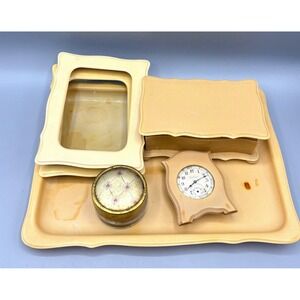 Vtg Celluloid Bakelite Beige Vanity Set Tray Jewelry Box Clock Frames 6pc
